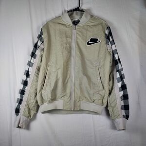 Nike Sportswear Bomber Jacket Small Beige Black White Checkered Sleeve BV4532-07
